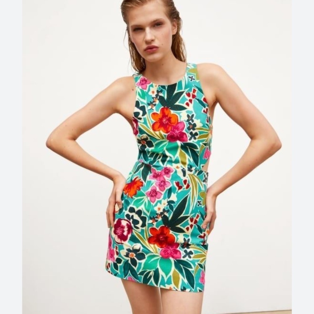 Zara Romper Tropical Print Cutout Jumpsuit Pink Teal Size Medium